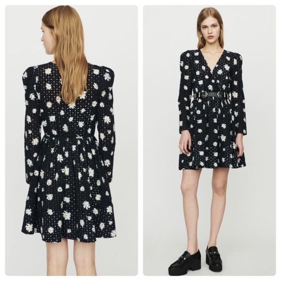 Maje Dresses & Skirts - Maje Rayom Black Floral Eyelet Fit and Flare Long Sleeve Dress 2